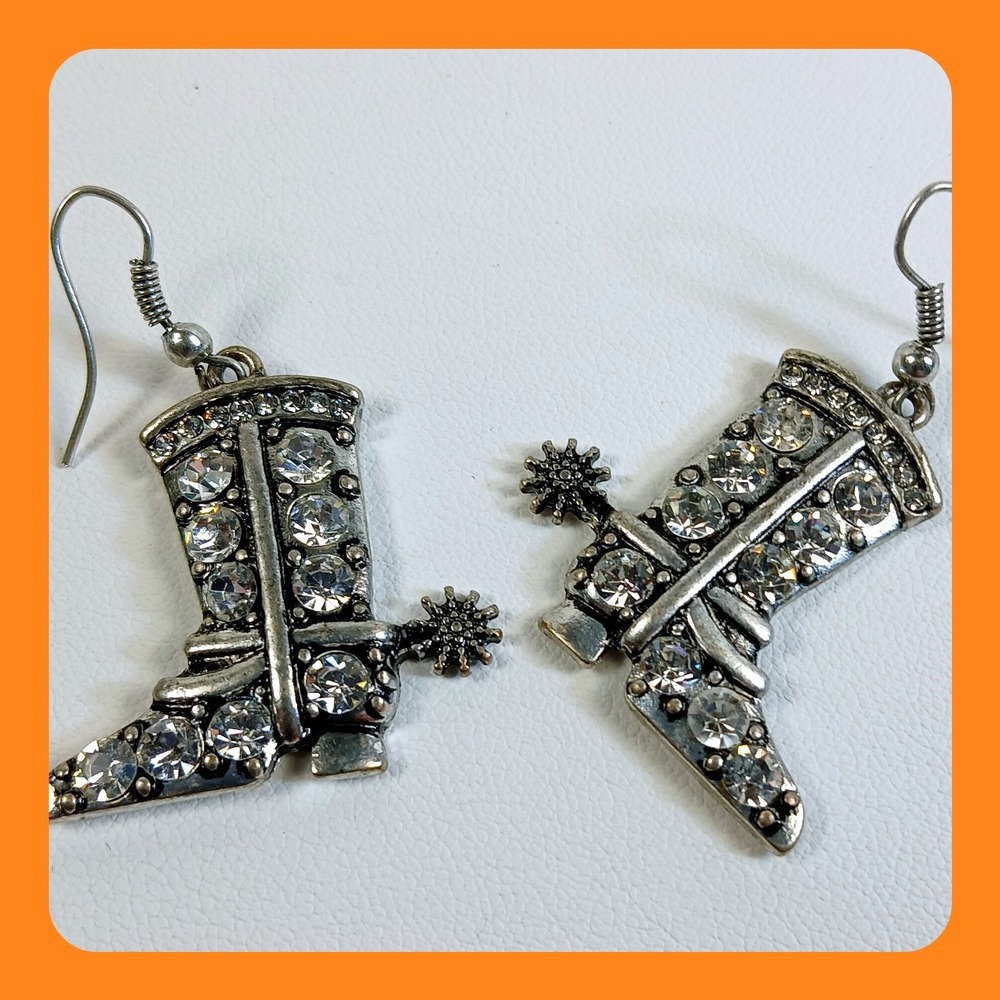 Silver Rhinestone Cowboy Boot Dangle Earrings‎ Western Spur  Nashville Vintage